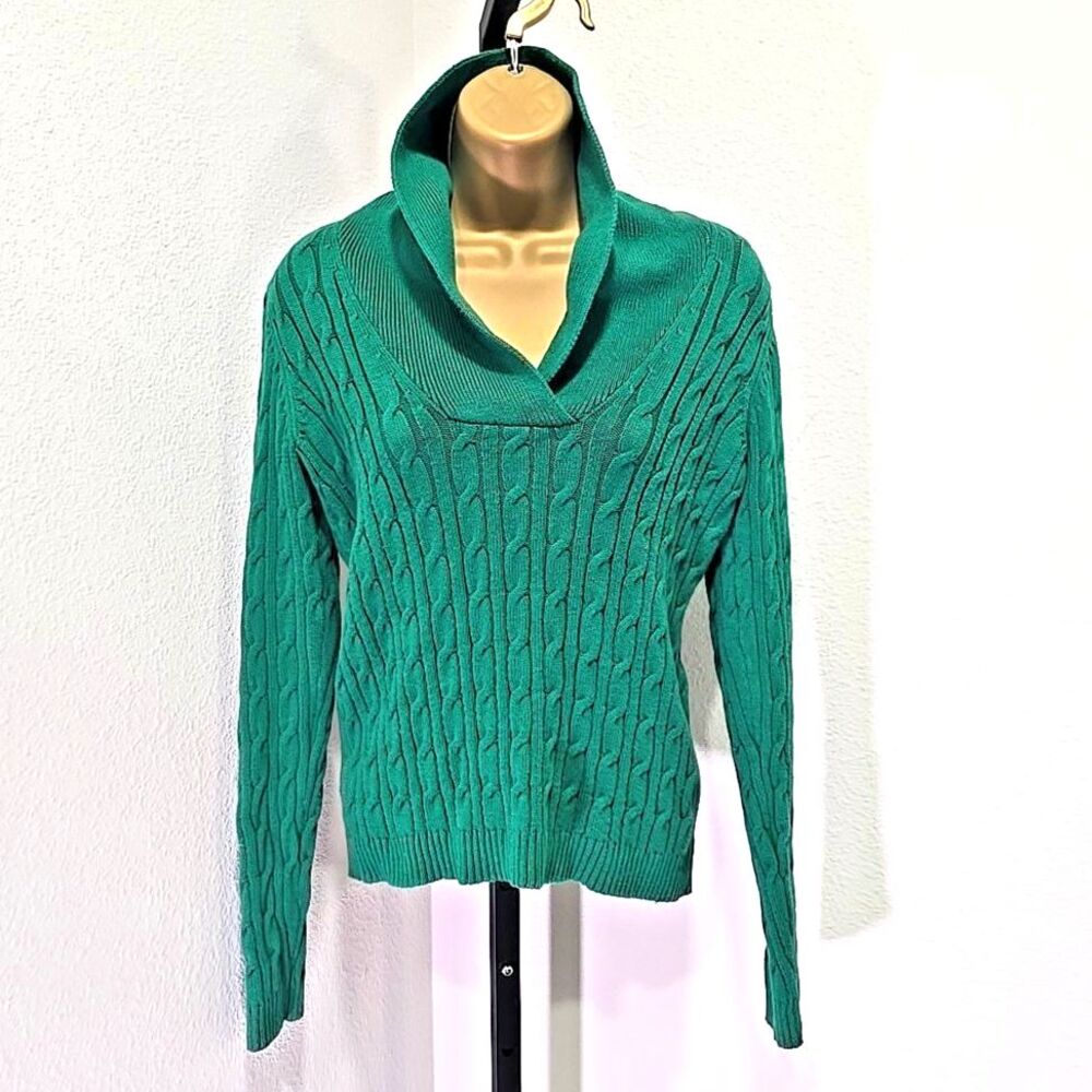 Timeless Classic Y2k Cable Knit Shawl Collar Sweater Womens S Preppy Kelly Green